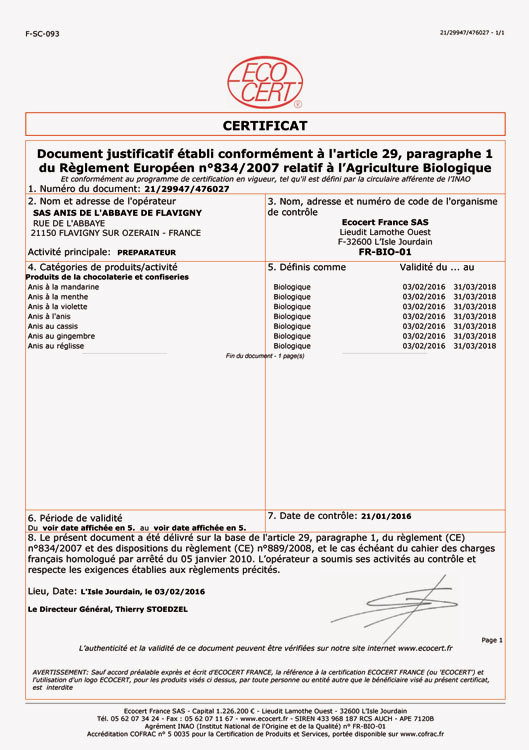 Ecocert certificates for our organic range for France.